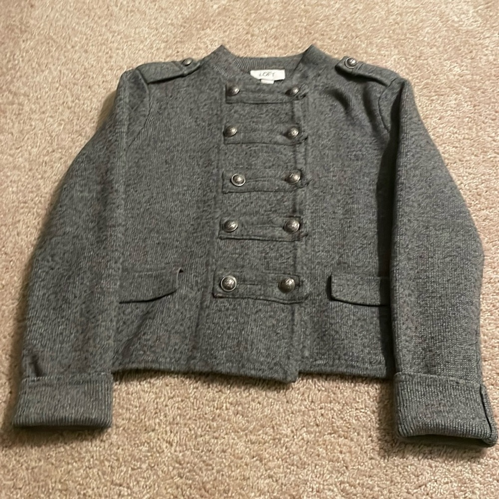 Ann Taylor LOFT wool blend knit jacket with shoulder tabs and a back half-belt